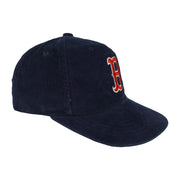 Angled navy corduroy Red Sox cap showing its embroidered red-and-white B logo