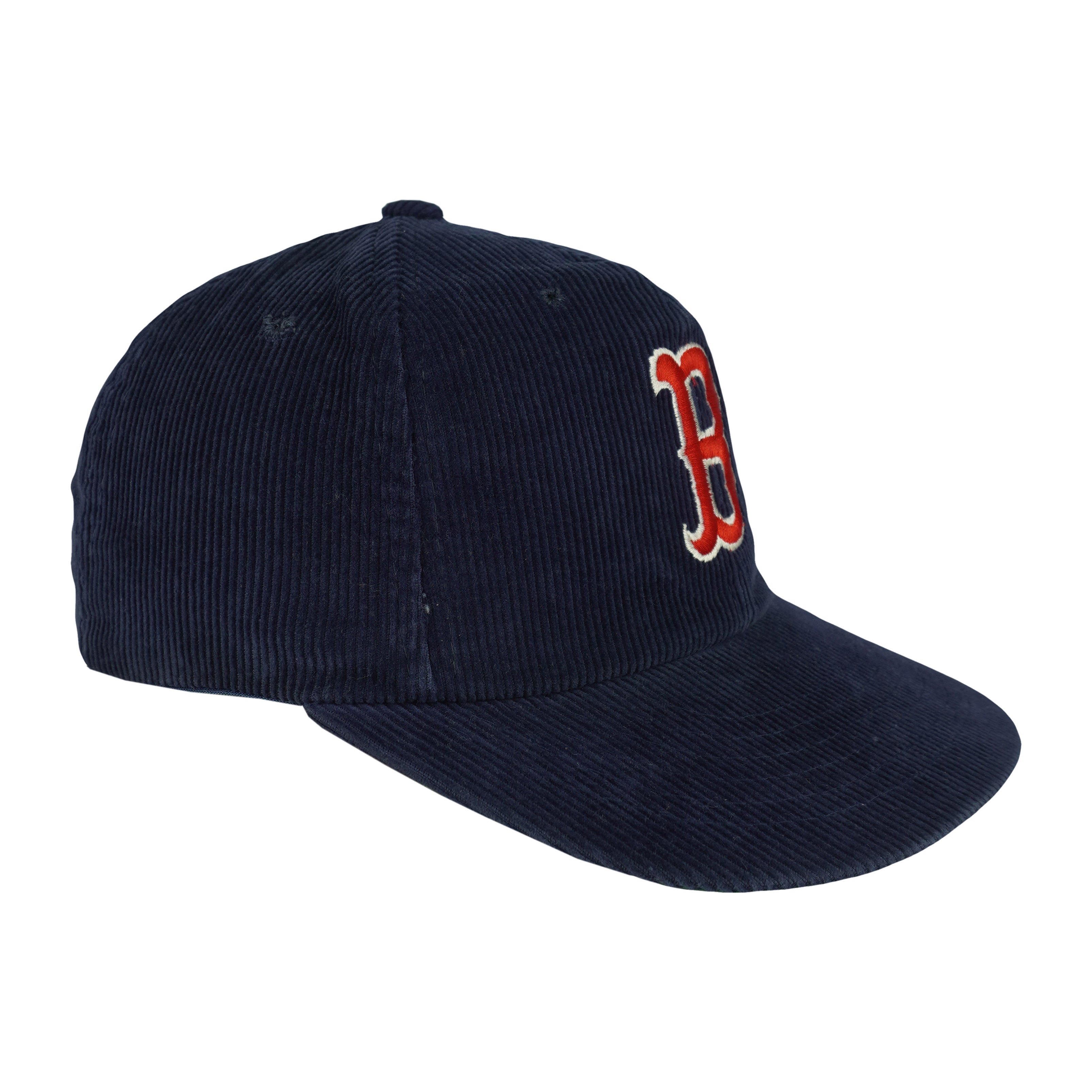 Angled navy corduroy Red Sox cap showing its embroidered red-and-white B logo