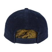Rear view of the navy corduroy Red Sox cap with a navy plastic snap closure