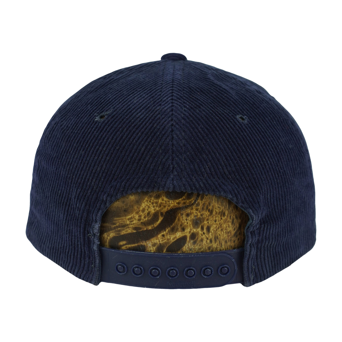 Rear view of the navy corduroy Red Sox cap with a navy plastic snap closure