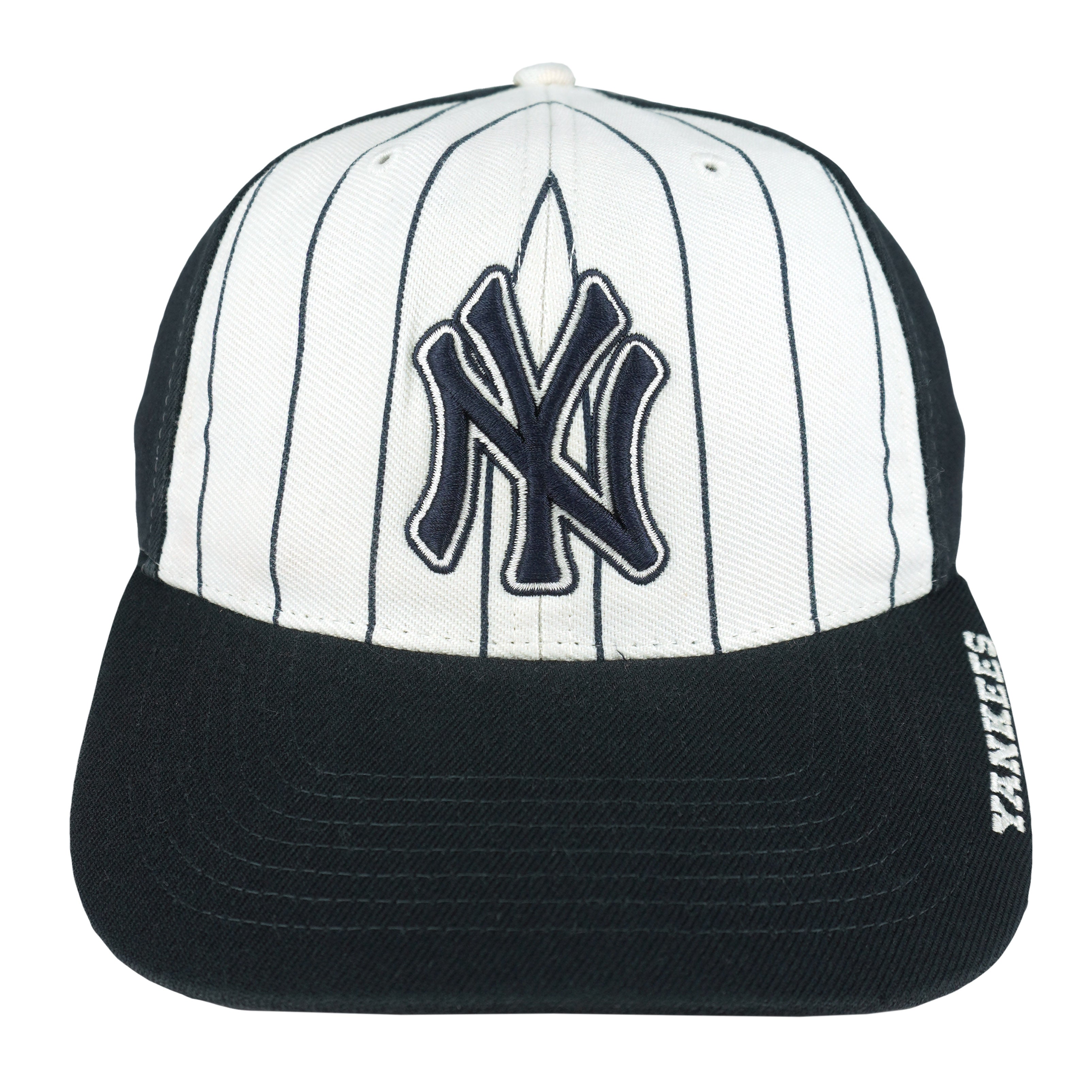 Yankees cap front with white pinstriped panels, dark brim and embroidered NY logo
