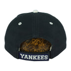 Rear of the dark New York Yankees cap with white eyelets and an embroidered strap