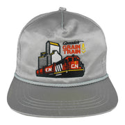 Front view of the gray 1990s Canada's Grain Train CN railroad rope snapback hat by Athletic Headwear
