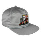 Angled front and side view of the gray Canada's Grain Train CN railroad rope snapback hat