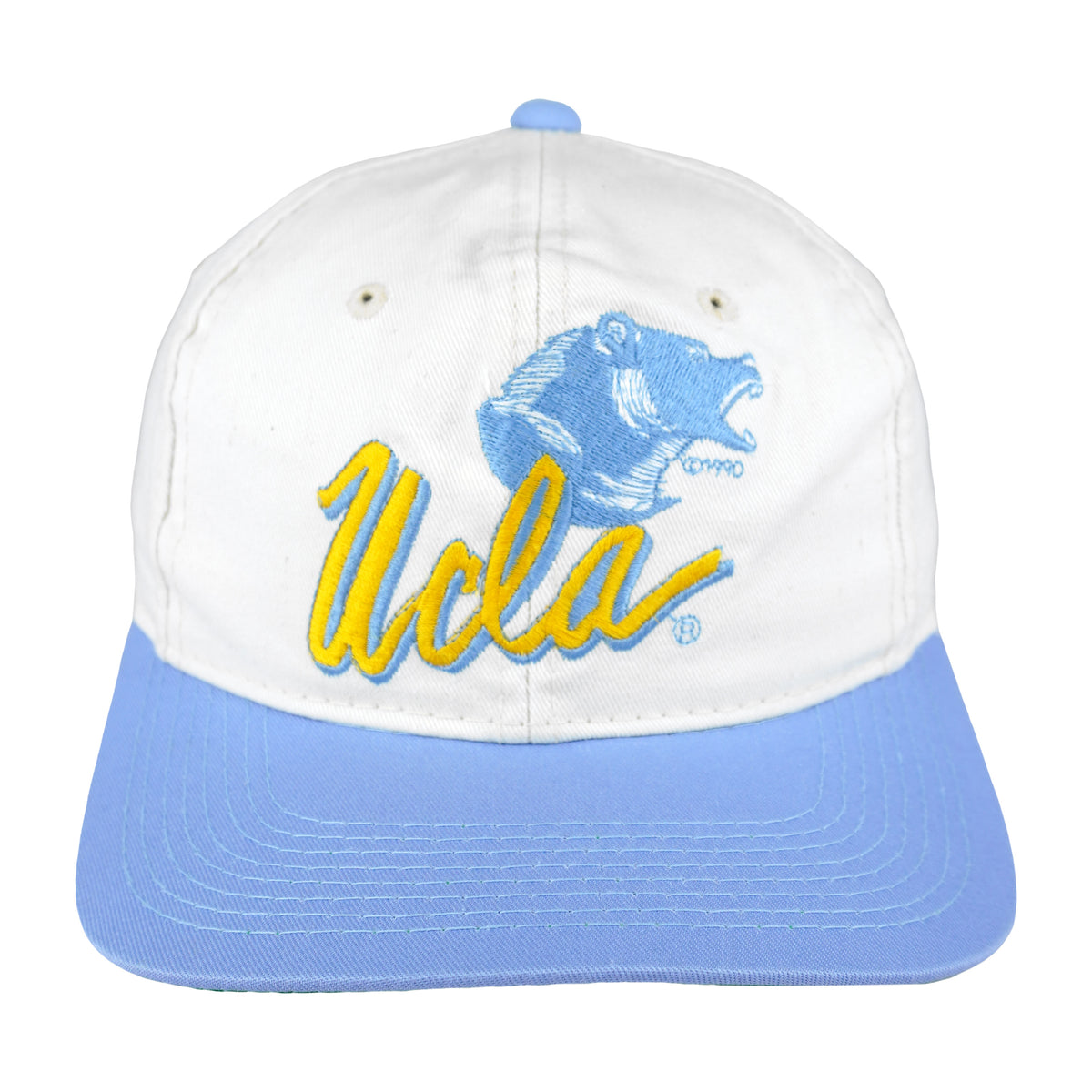 Front view of the white, blue, and green 1990s NCAA UCLA Bruins logo snapback hat by The Game