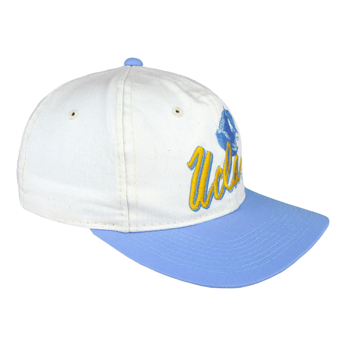 Angled front and side view of the white, blue, and green UCLA Bruins logo snapback hat