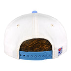 Rear view of the white UCLA Bruins hat with blue snapback and embroidered side patch