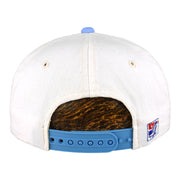 Rear view of the white UCLA Bruins hat with blue snapback and embroidered side patch