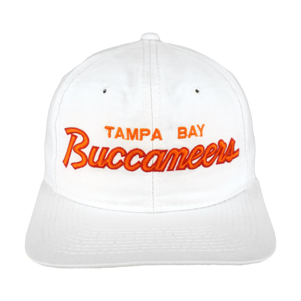 White Tampa Bay Buccaneers snapback front with orange script embroidery