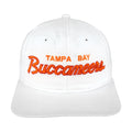 White Tampa Bay Buccaneers snapback front with orange script embroidery