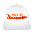 White Tampa Bay Buccaneers snapback front with orange script embroidery