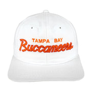 White Tampa Bay Buccaneers snapback front with orange script embroidery