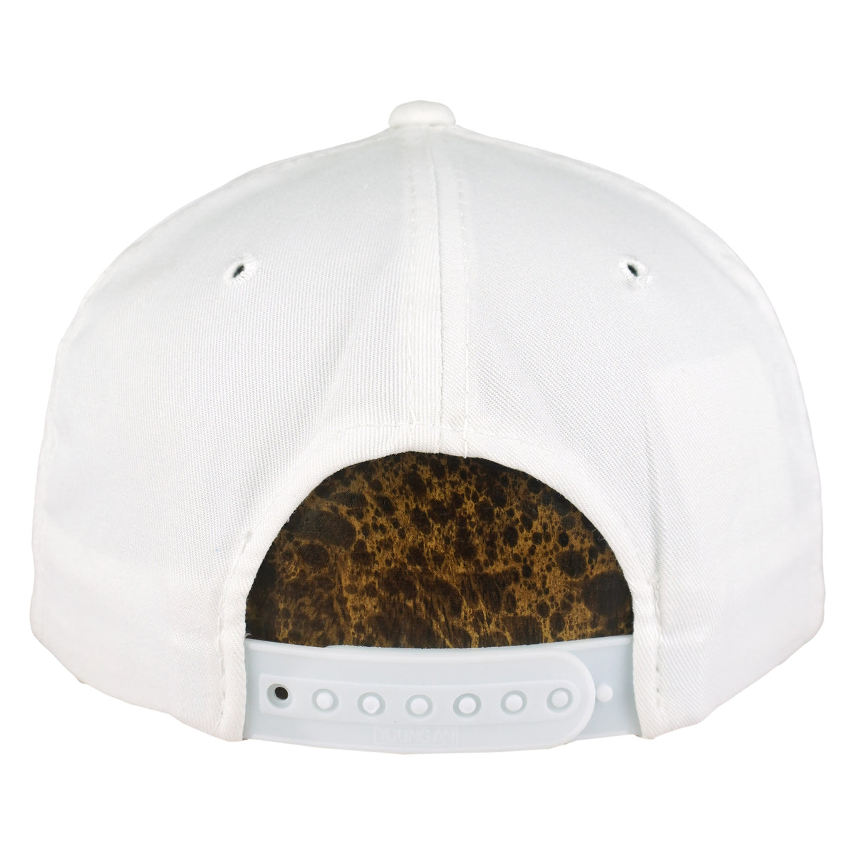 Rear view of the white Tampa Bay Buccaneers hat with white plastic snapback closure