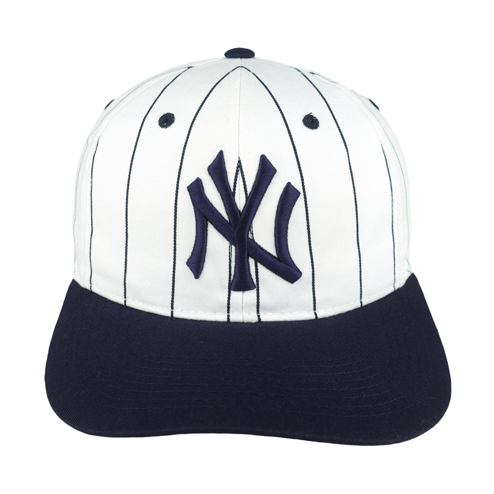 New York Yankees cap front with a white pinstriped crown, navy brim and NY logo