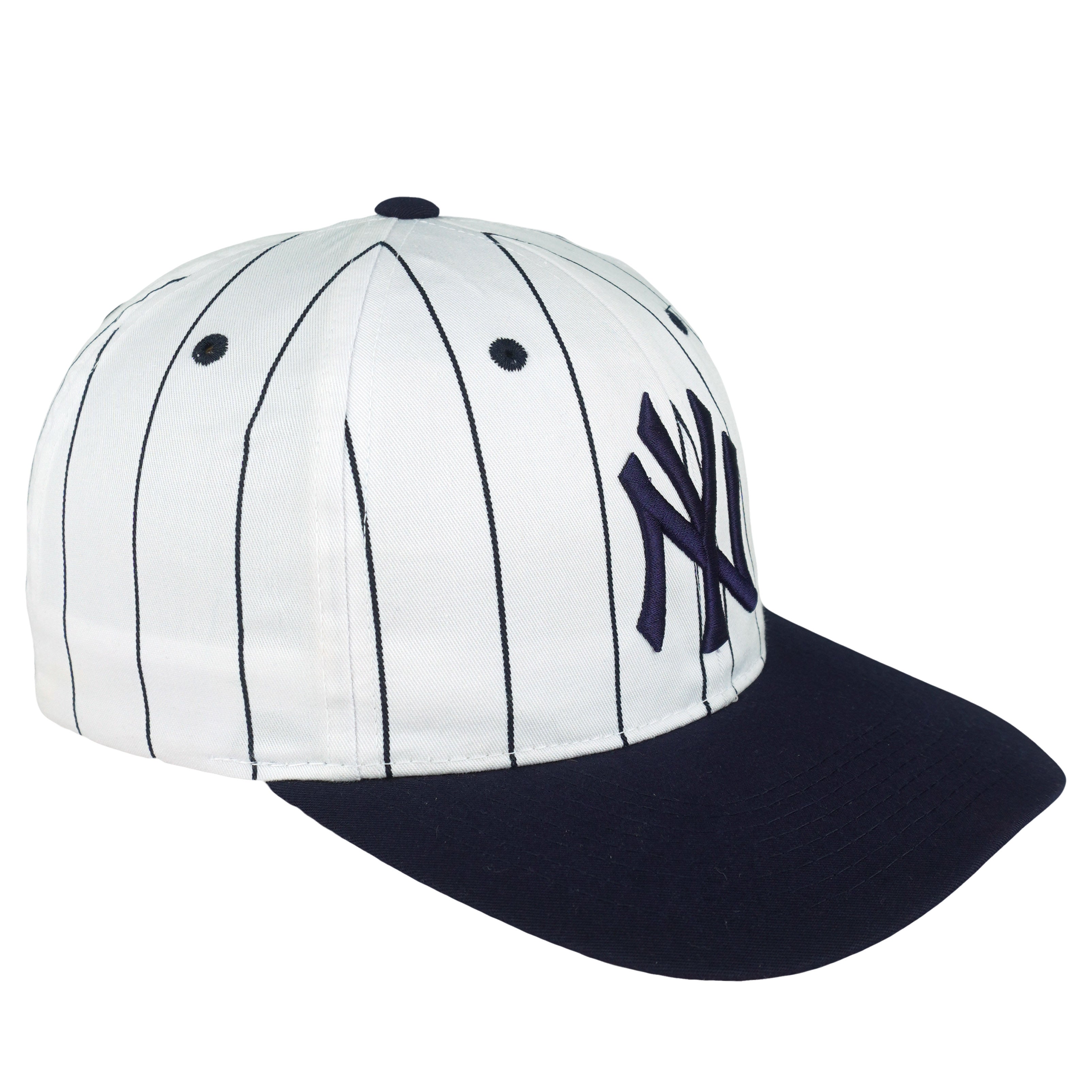 Angled Yankees cap showing white pinstriped panels, navy brim and embroidered NY logo