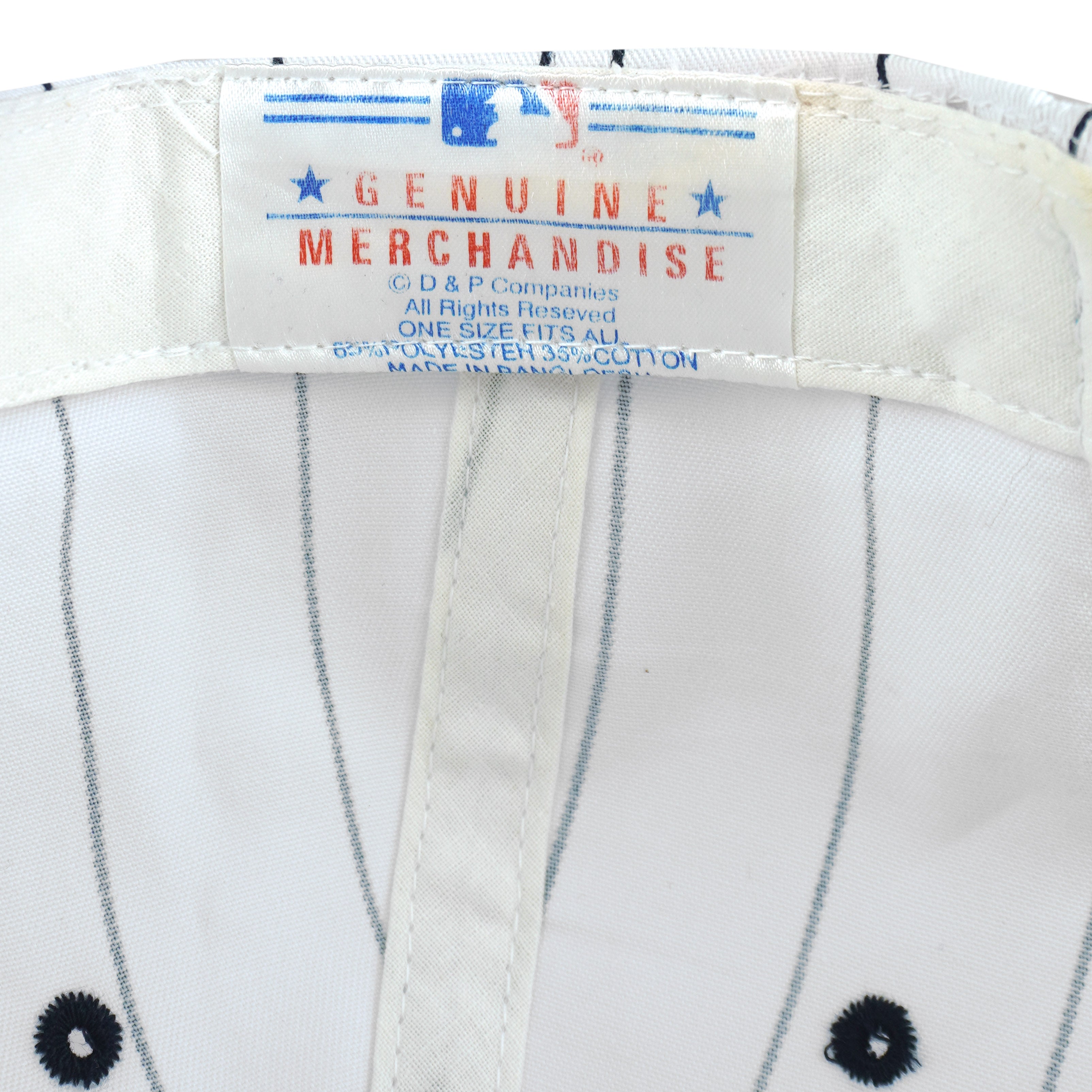 Red and blue MLB logo label stitched inside the white New York Yankees cap