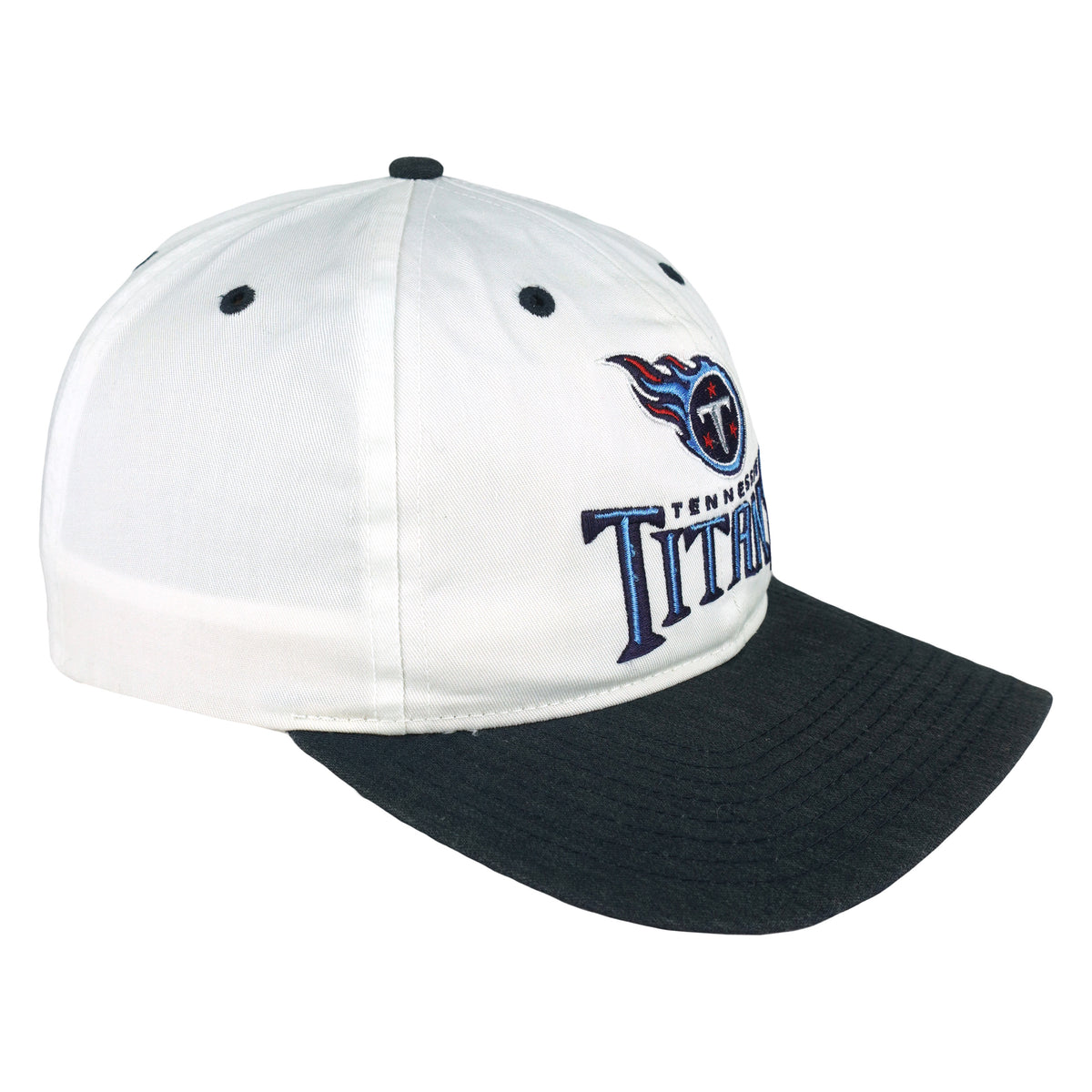 Angled Tennessee Titans cap showing the white crown, navy brim and side stitching
