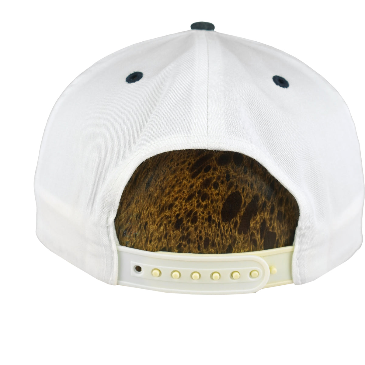 Rear view of the white Tennessee Titans hat with cream plastic snapback closure