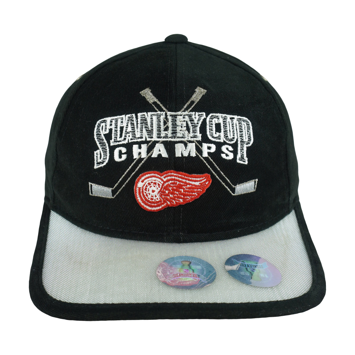Front view of the black and gray NHL Detroit Red Wings 1998 Stanley Cup Champions strapback hat by Starter