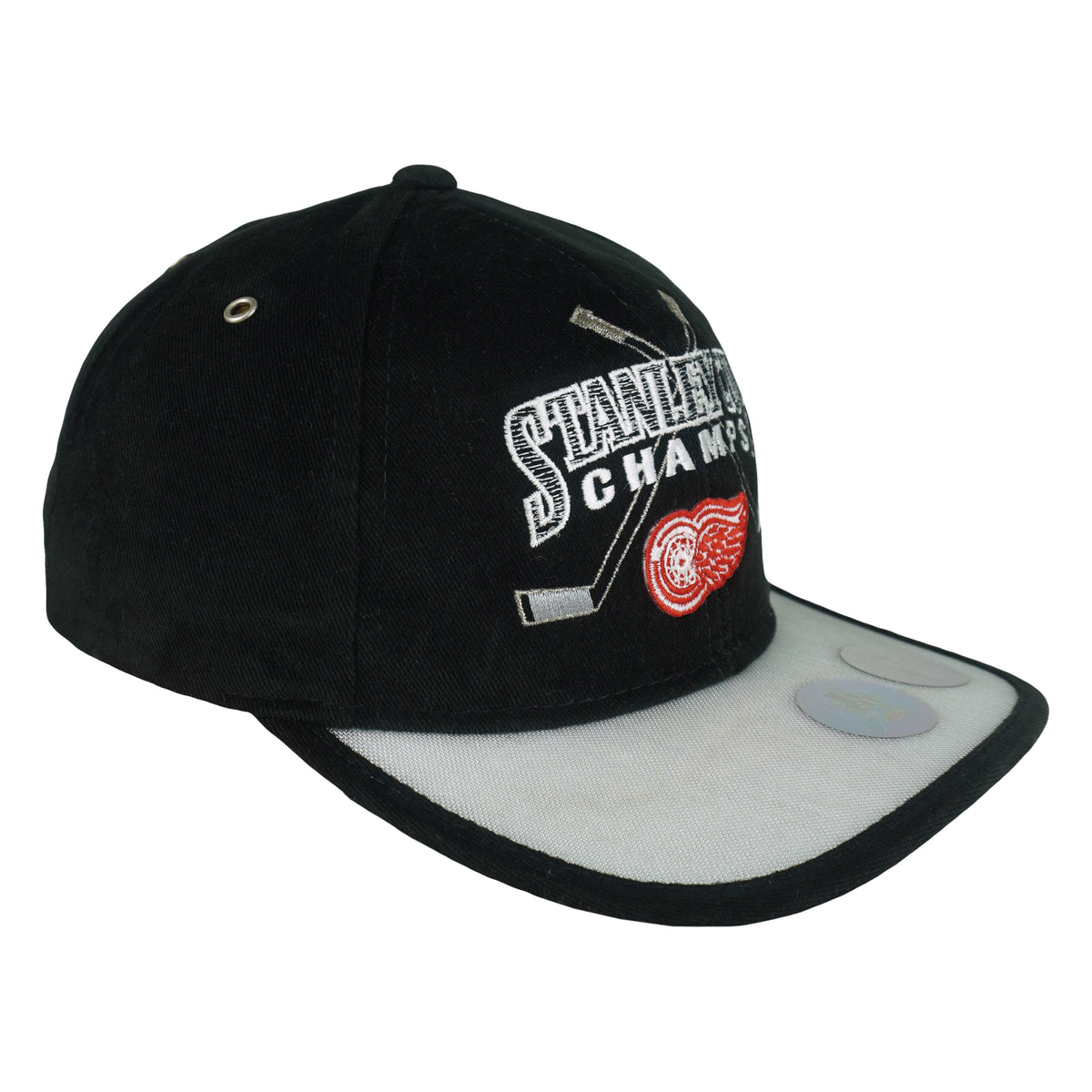 Angled front and side view of the black and gray Detroit Red Wings 1998 Stanley Cup Champions strapback hat