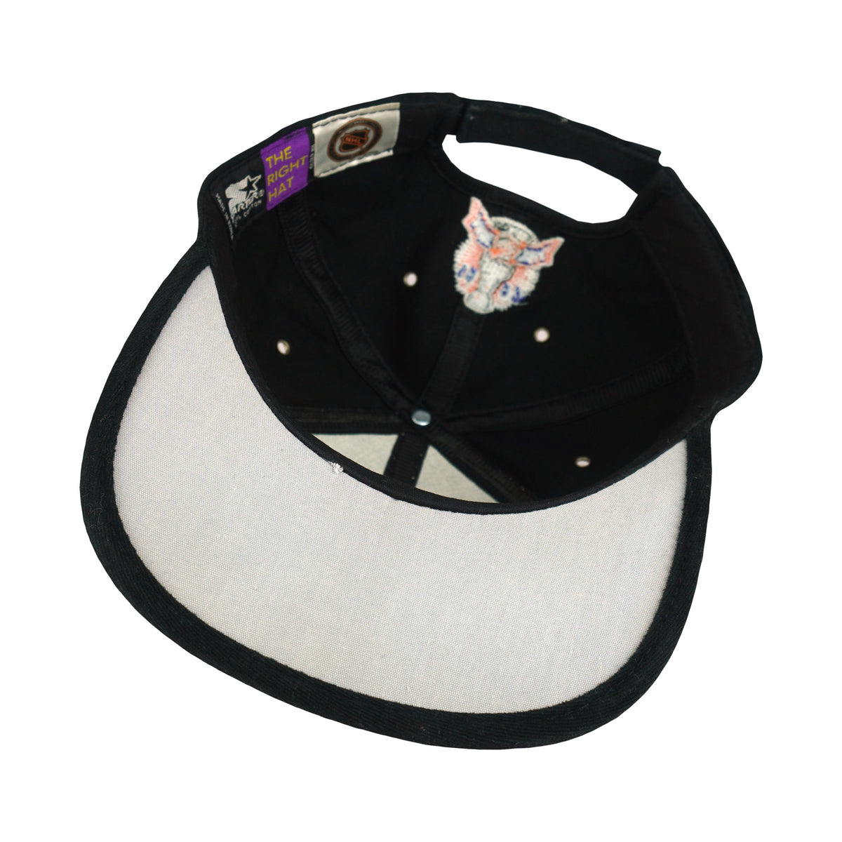 Interior crown and underbrim view of the black and gray Detroit Red Wings 1998 Stanley Cup Champions strapback hat