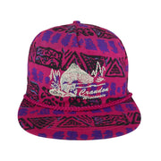Front view of the pink, purple, and black 1990s Crandon Wisconsin fishing rope snapback hat by Winner