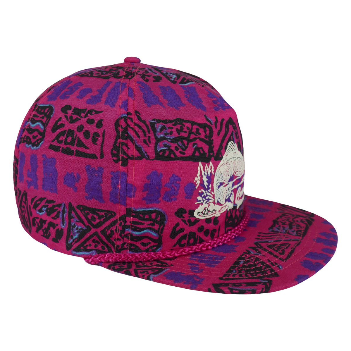 Angled front and side view of the pink, purple, and black Crandon Wisconsin fishing rope snapback hat