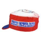 Back view of the red; white; blue New England Patriots painter cap painter cap showing rear elastic band