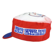 Back view of the red; white; blue New England Patriots painter cap painter cap showing rear elastic band