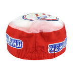 Close view of side profile and short brim on the red; white; blue New England Patriots painter cap painter cap