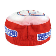 Close view of side profile and short brim on the red; white; blue New England Patriots painter cap painter cap