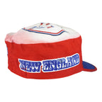 Side view of blue New England lettering on the red and white NFL Patriots painter cap