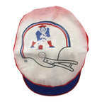 Close view of rear elastic construction on the red; white; blue New England Patriots painter cap painter cap