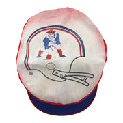 Close view of rear elastic construction on the red; white; blue New England Patriots painter cap painter cap