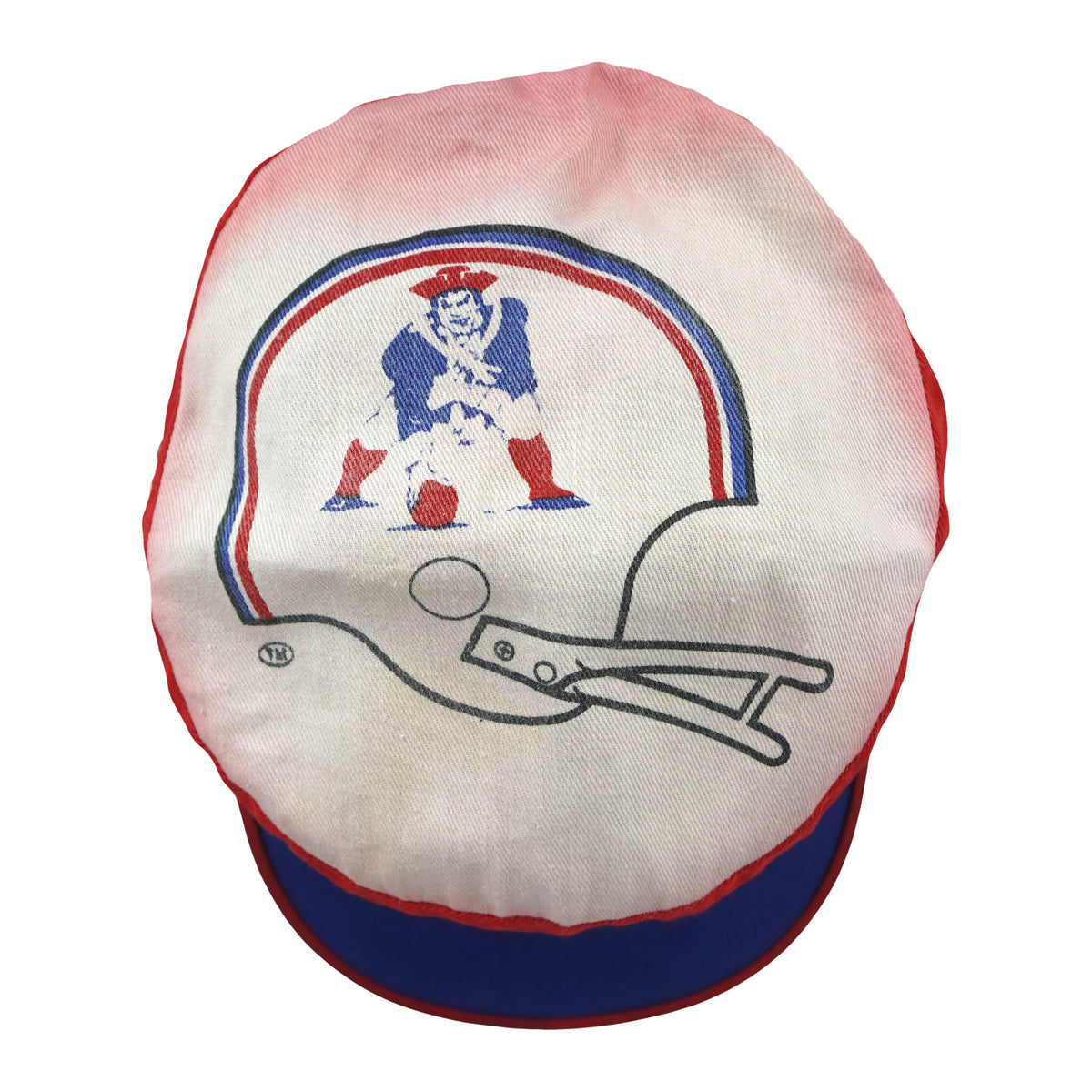 Close view of rear elastic construction on the red; white; blue New England Patriots painter cap painter cap