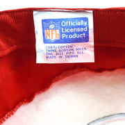 Close view of the Twinns label inside the red; white; blue New England Patriots painter cap painter cap