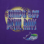 Close view of front Devil Rays graphic on the purple Tampa Bay Devil Rays 2000 t-shirt