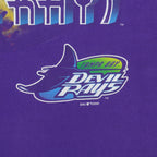 Close view of cracked print texture on the purple Tampa Bay Devil Rays 2000 t-shirt