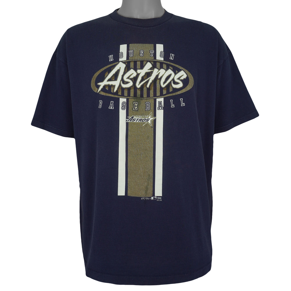 Front view of the navy 1998 MLB Houston Astros t-shirt with a large baseball graphic