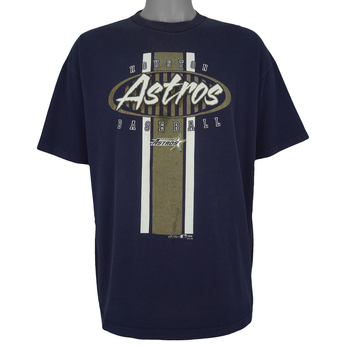 Front view of the navy 1998 MLB Houston Astros t-shirt with a large baseball graphic