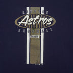 Houston Astros baseball wordmark and vertical stripes on the navy T-shirt front