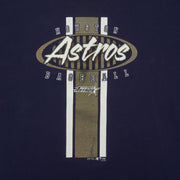Houston Astros baseball wordmark and vertical stripes on the navy T-shirt front