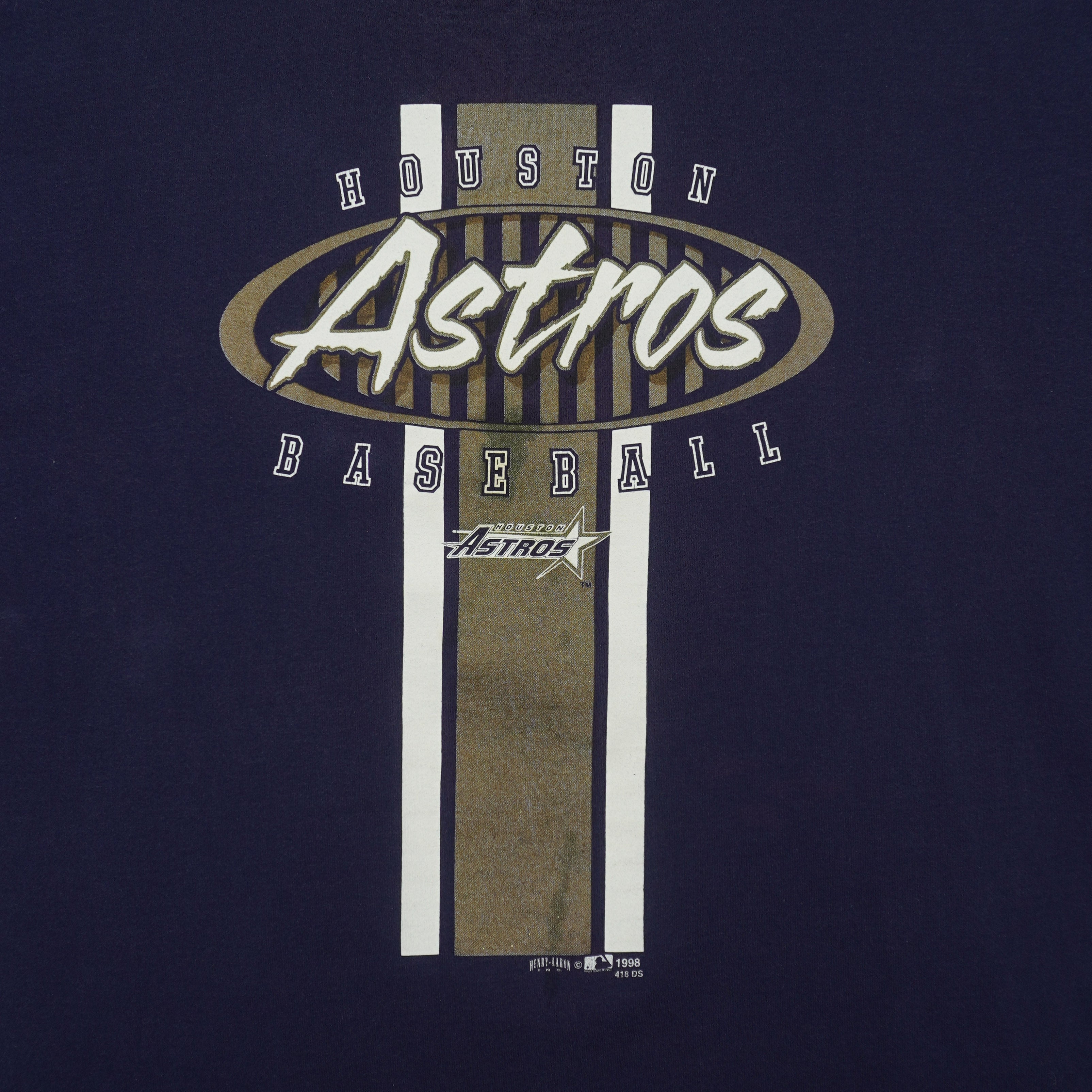 Houston Astros baseball wordmark and vertical stripes on the navy T-shirt front