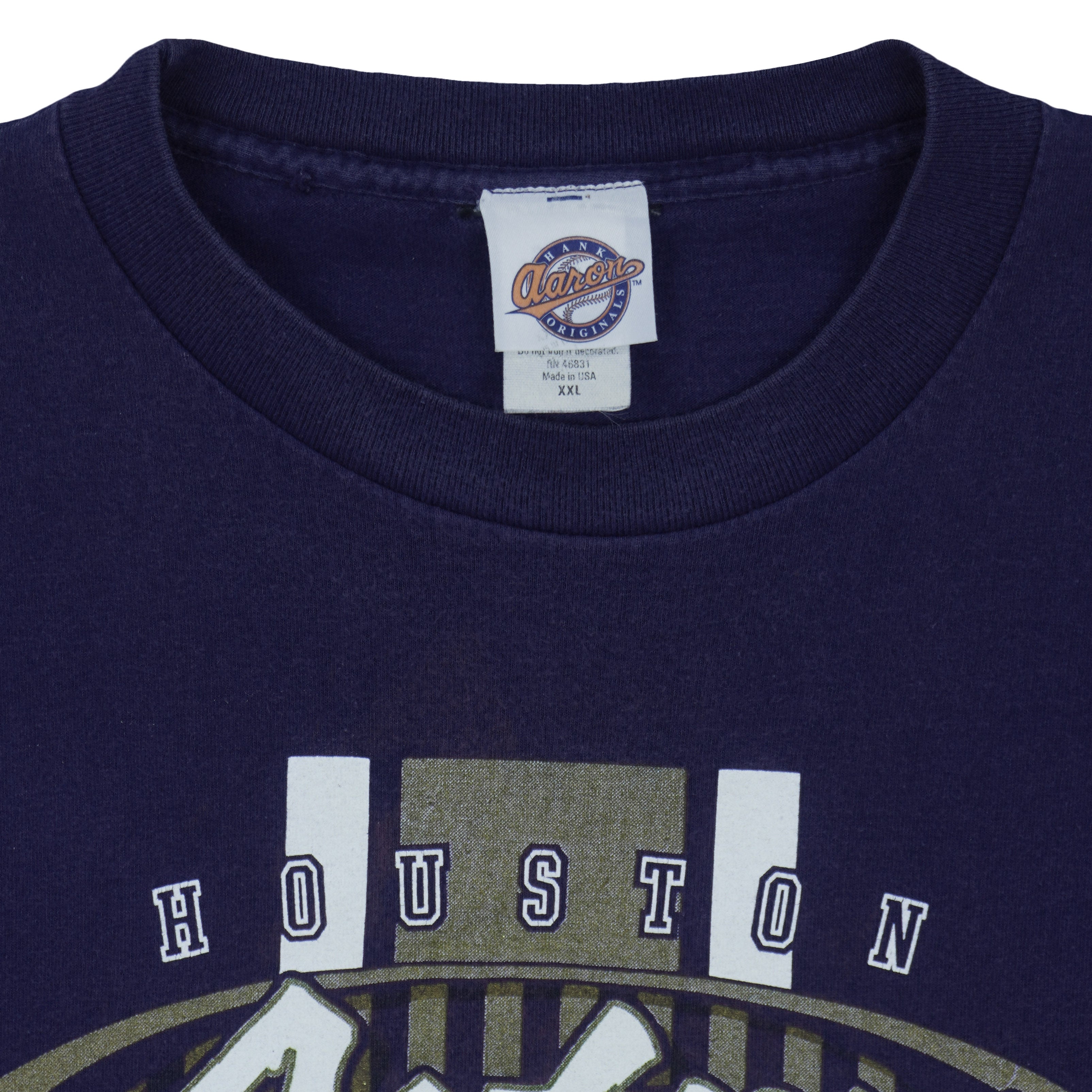 Aaron maker label showing XXL inside the navy Astros T-shirt neckline