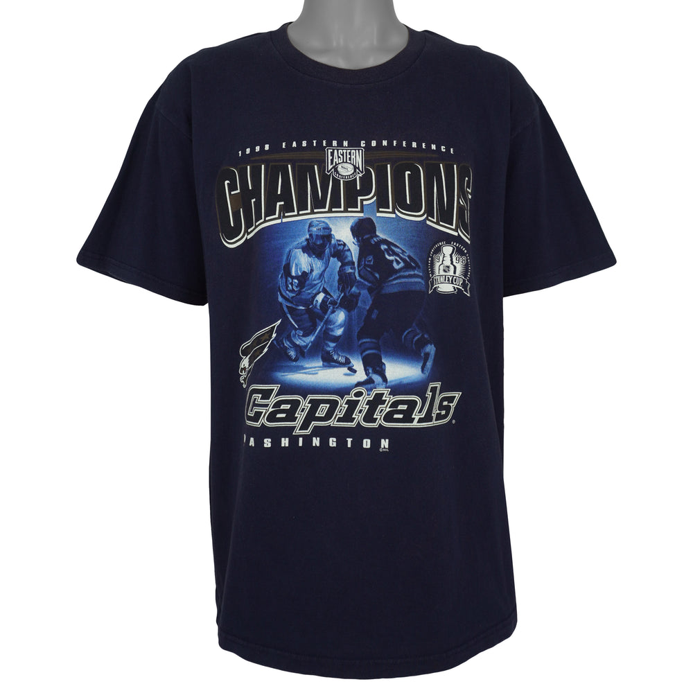 Front view of the navy NHL Washington Capitals 1998 Eastern Conference Champions t-shirt