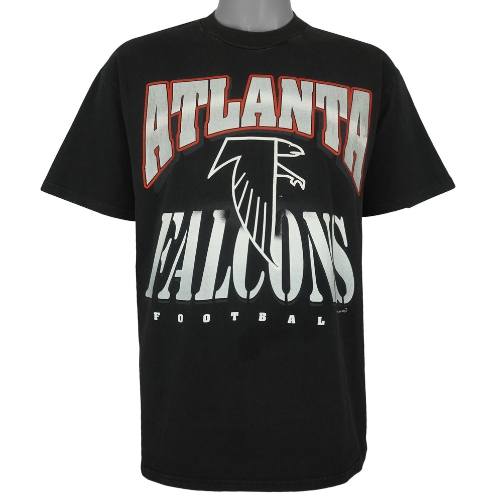 Front view of the black 1995 NFL Atlanta Falcons Football t-shirt by Hanes