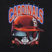 Close view of Cardinals division graphic on the black St. Louis Cardinals 1993 Central Division t-shirt