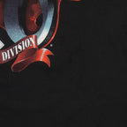 Close view of collar and print detail on the black St. Louis Cardinals 1993 Central Division t-shirt
