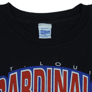 Close view of the label partially legible label inside the black St. Louis Cardinals 1993 Central Division t-shirt