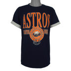 Front of the navy Astros T-shirt with sleeves rolled to show gray inner fabric